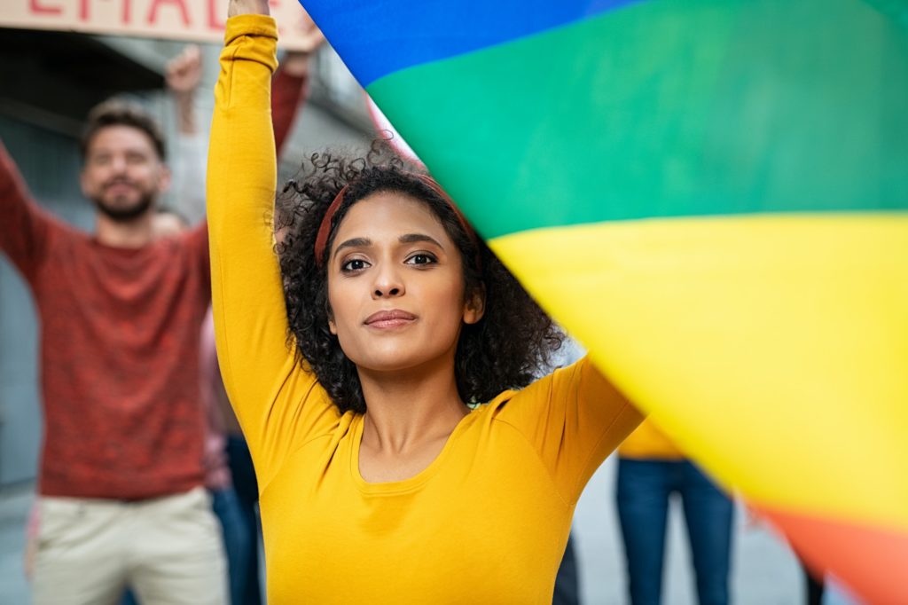 Proud woman in protest rally for lgbt rights