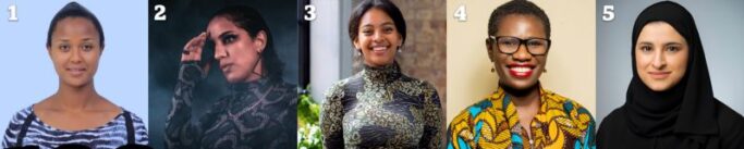 1. Loza Abera Geinore - Jogadora de futebol, Etiópia; 2. Houda Abouz - Rapper, Marrocos; 3. Christina Adane - Ativista, Holanda; 4. Yvonne Aki-Sawyerr - Prefeita, Serra Leoa e 5. Sarah Al-Amiri - Ministra para Tecnologias Avançadas, Emirados Árabes Unidos - Foto: Reprodução/ BBC