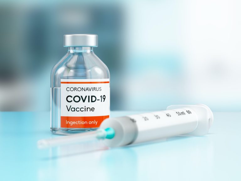 Medical Vaccine bottle vial of Covid-19 coronavirus in a research medical lab. 3D illustration