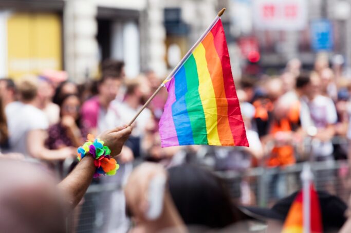 LGBT rainbow flag waved at a pride march