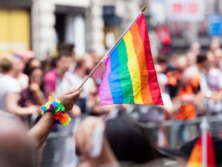 LGBT rainbow flag waved at a pride march