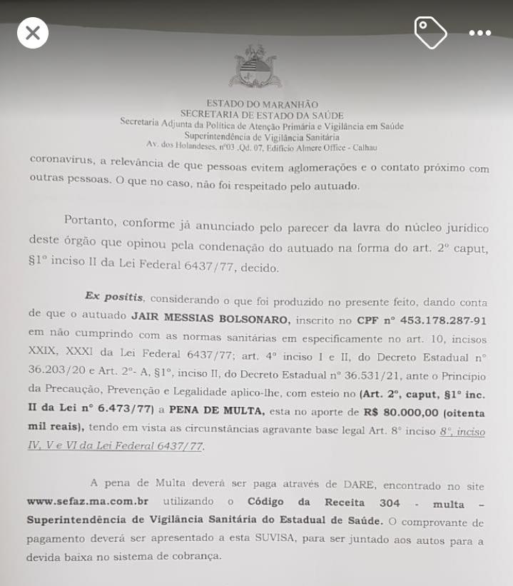 Jair Bolsonaro foi multado em R$ 80 mil pela Superintendência de Vigilância do Maranhão por aglomerar e não usar máscara.