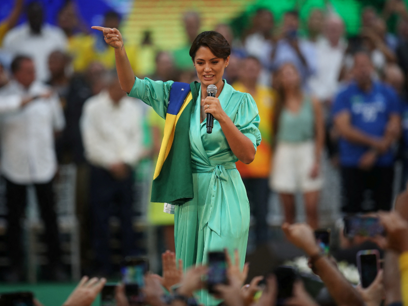 Michelle Bolsonaro discursa com tom religioso em lançamento de campanha de Bolsonaro. Foto: Reprodução