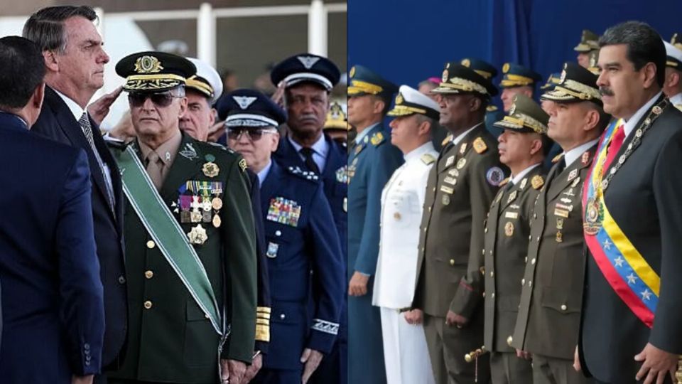 Jair Bolsonaro e Nicolas Maduro com militares. Créditos: Presidência da República / Governo da Venezuela